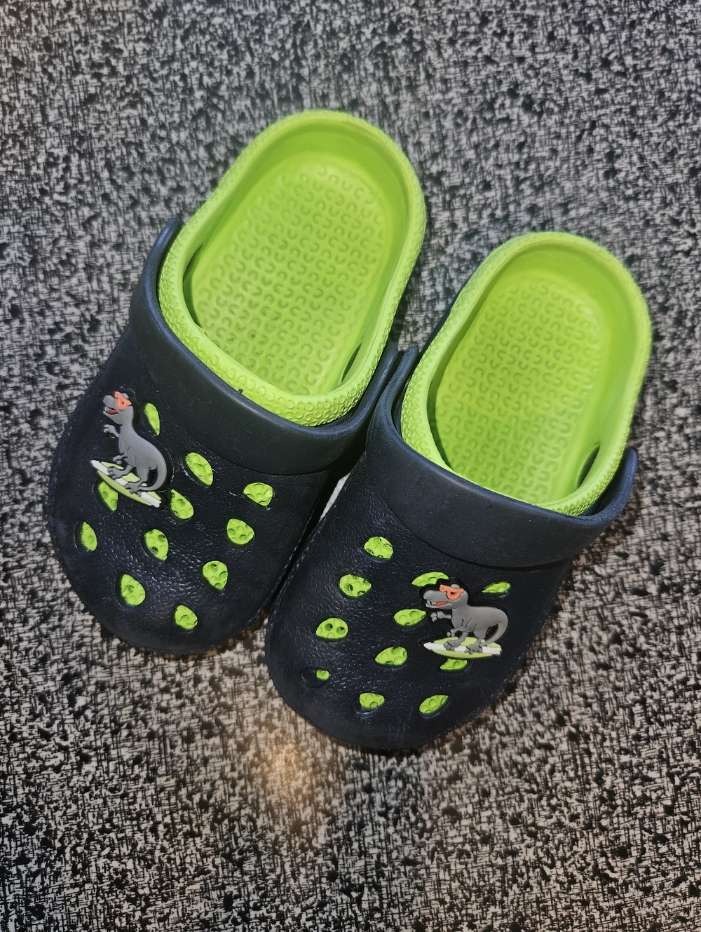 Capelli New York Kids Navy & Lime Green Slip-On Clog Shoes with Dinosaur Accent